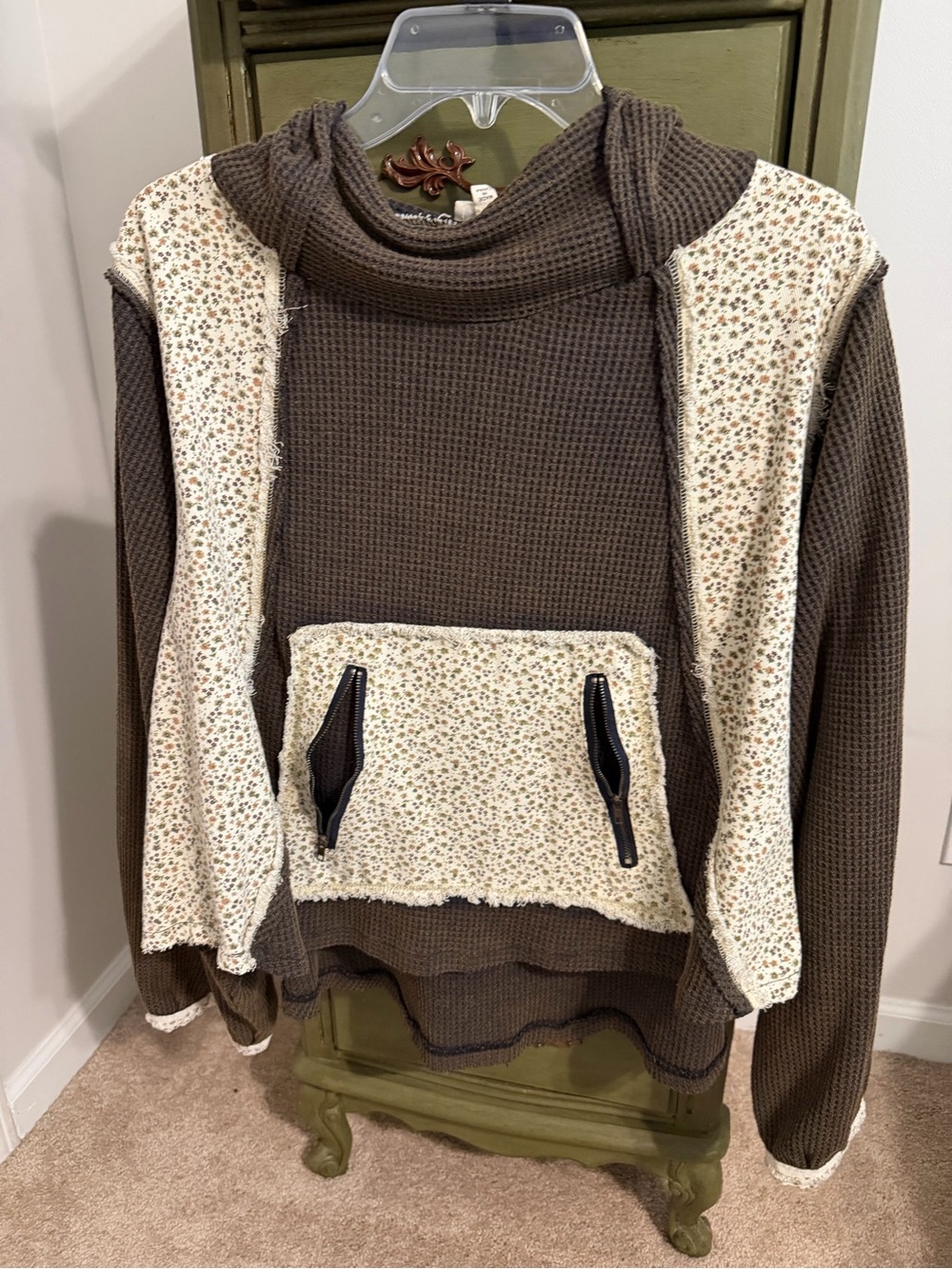 POL Brown Waffle-Knit patchwork hoodie nwot
